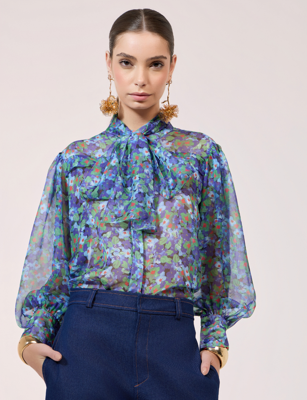 Camisa Floral Azul com Amarração