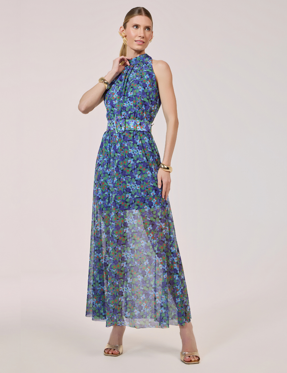 Vestido Longo Floral Azul com Cinto