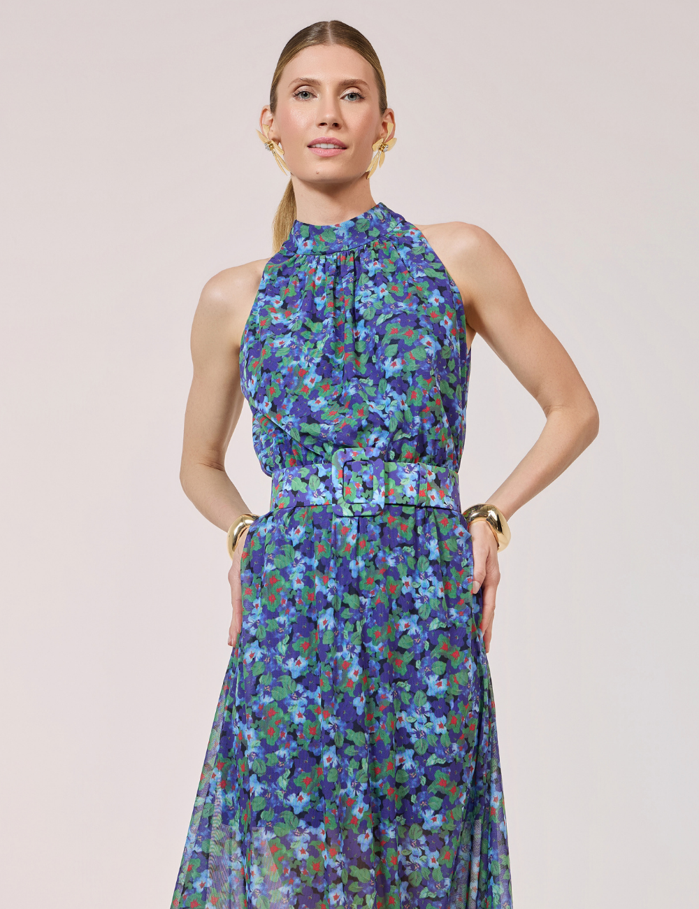 Vestido Longo Floral Azul com Cinto