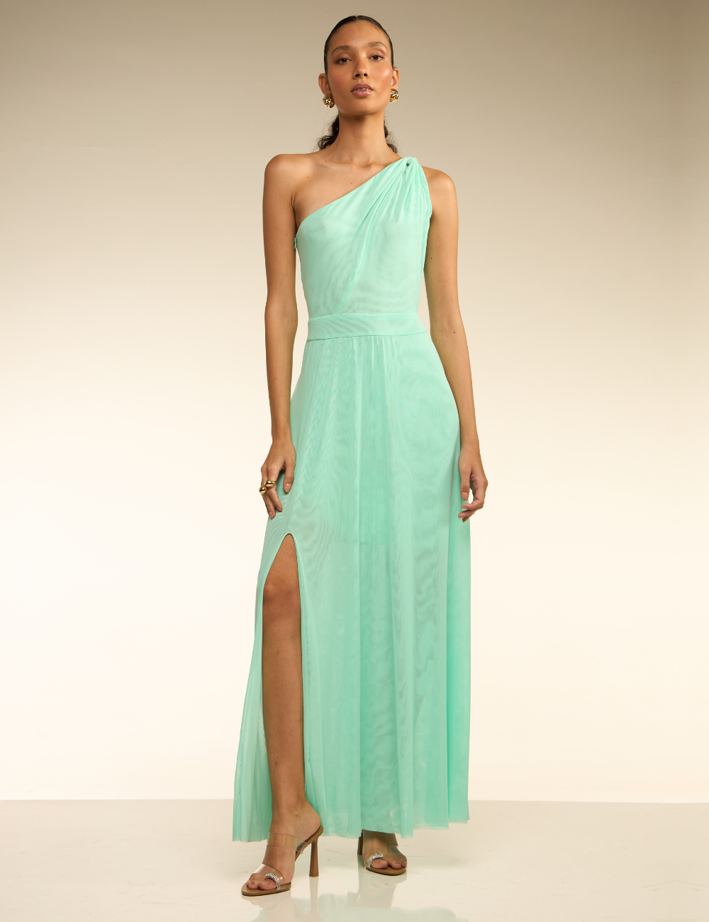 Vestido Longo Verde Claro Ombro Único
