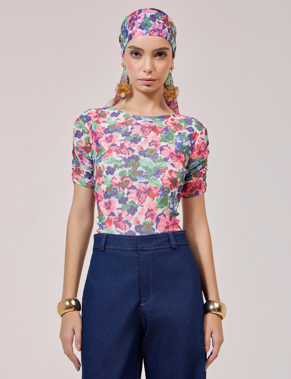 Blusa Floral Rosa em Tule