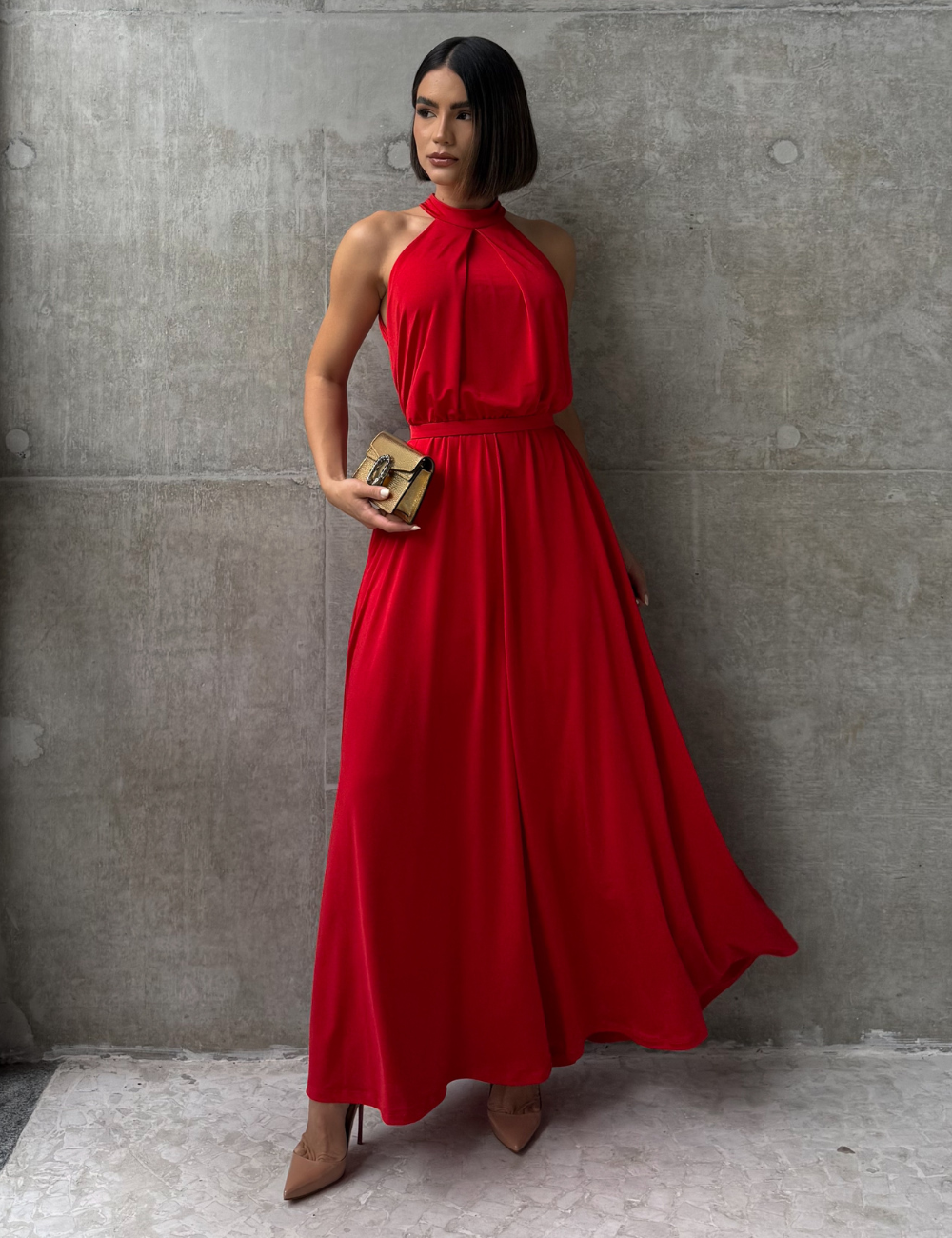 Vestido Longo Vermelho com Faixa em Jersey