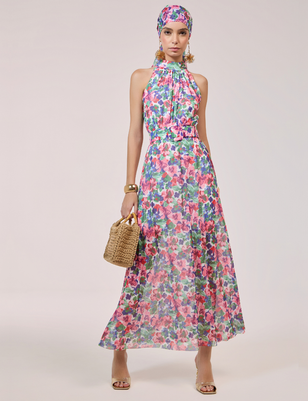 Vestido Longo Floral Rosa com Cinto