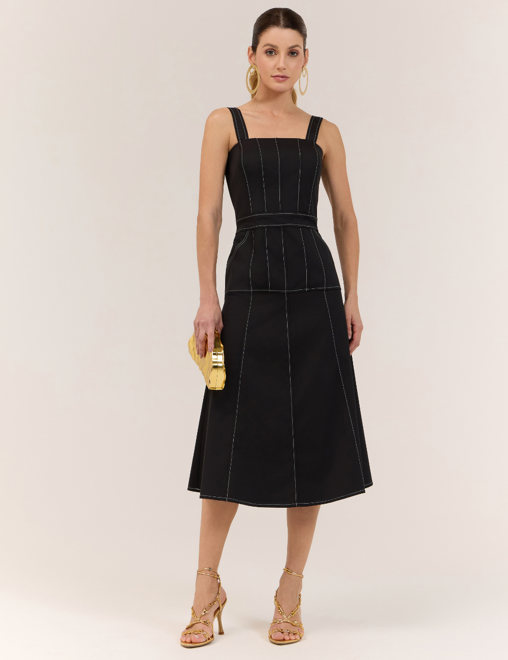 Vestido Midi Preto Pespontado