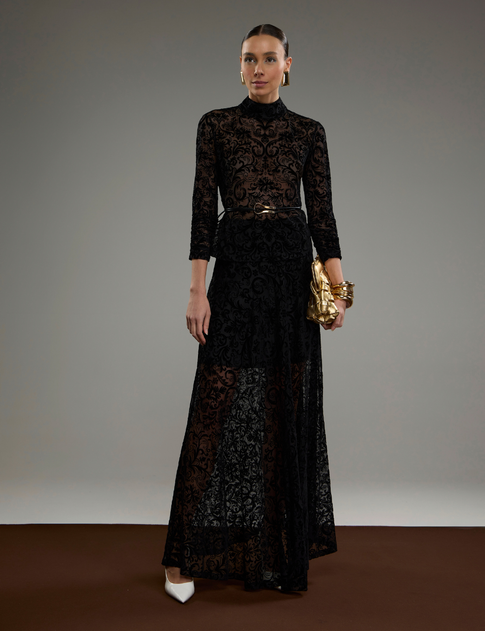 Saia Longa Preta em Tule e Veludo