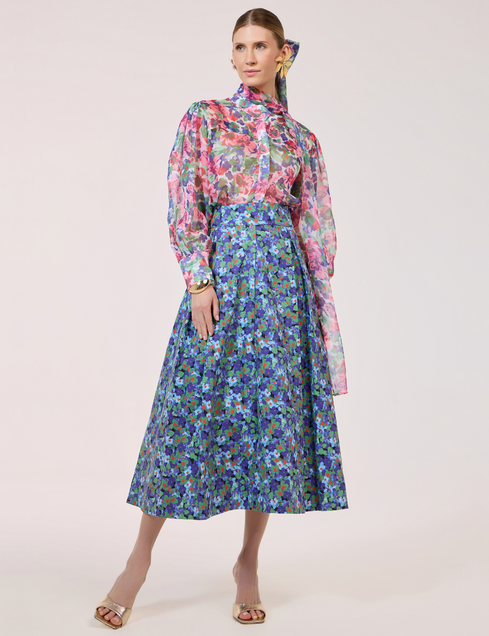 Saia Midi Floral Azul