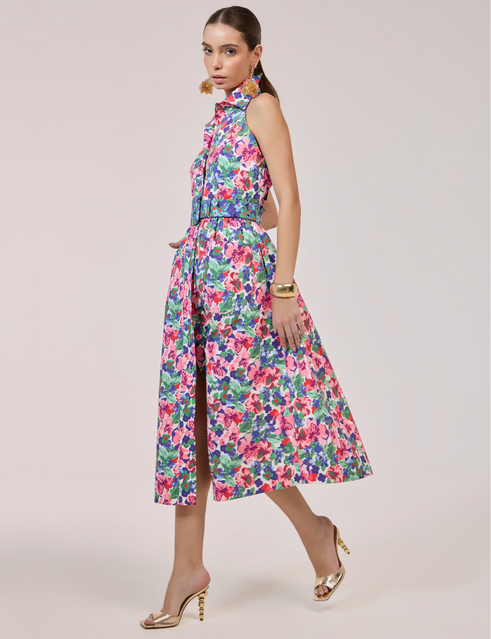 Vestido Longo Floral Rosa com Bolsos