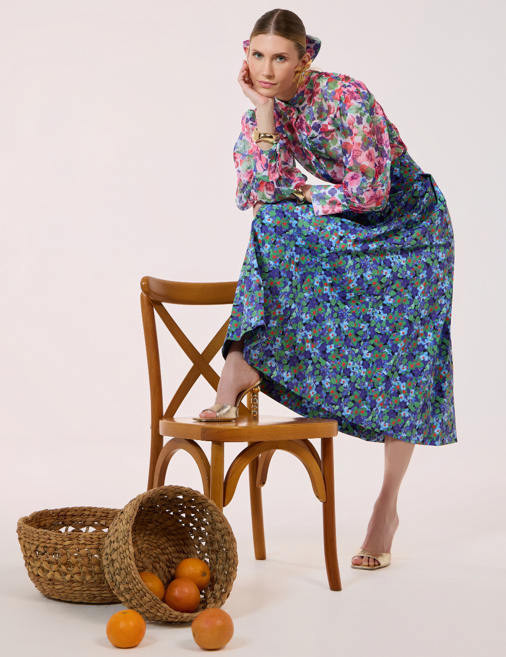 Saia Midi Floral Azul