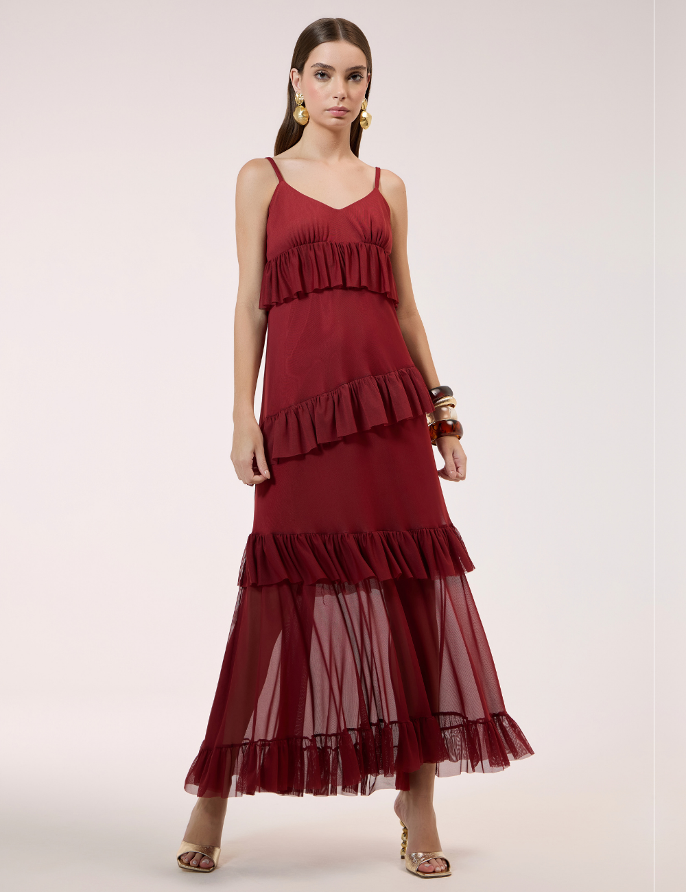 Vestido Longo Bordô em Tule com Babados