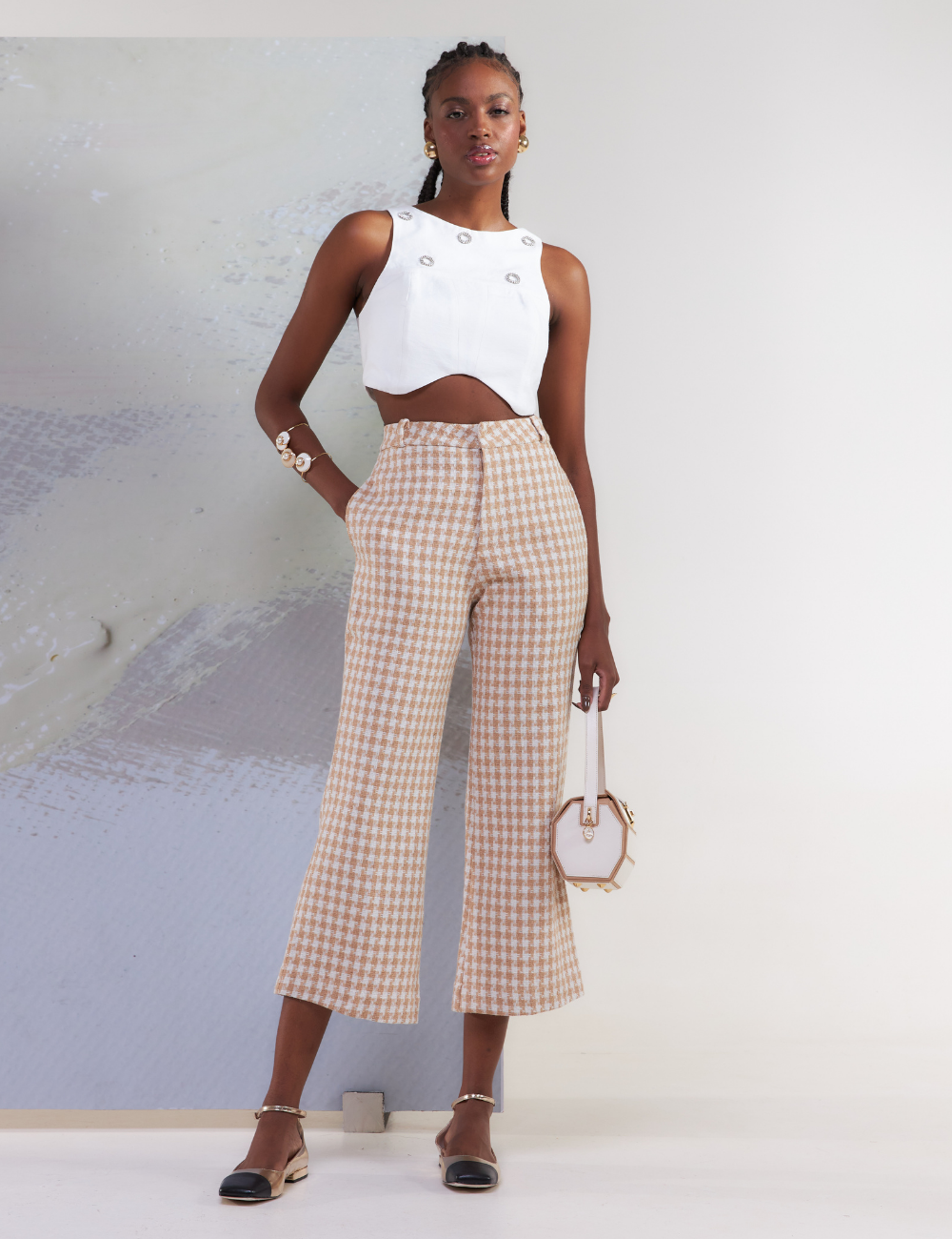 Calça Reta em Tweed Bege
