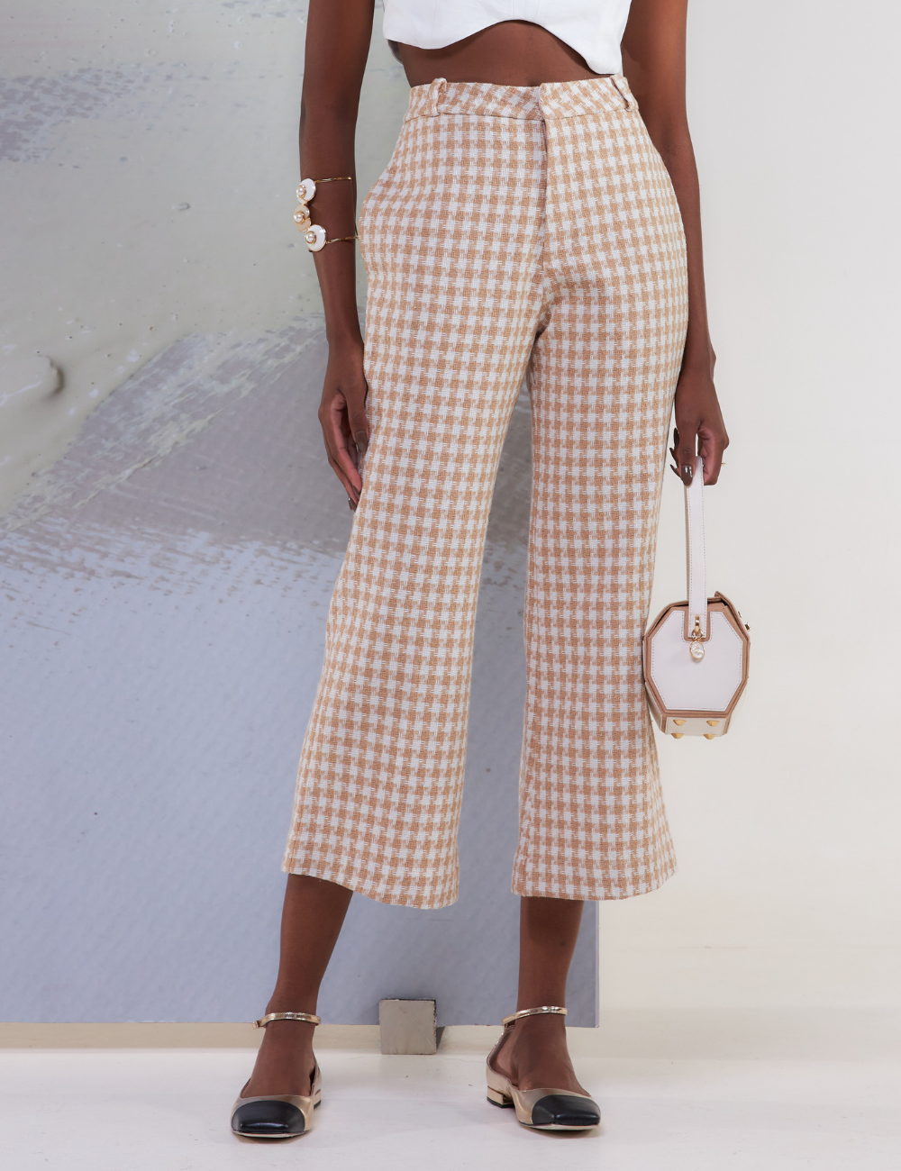 Calça Reta em Tweed Bege