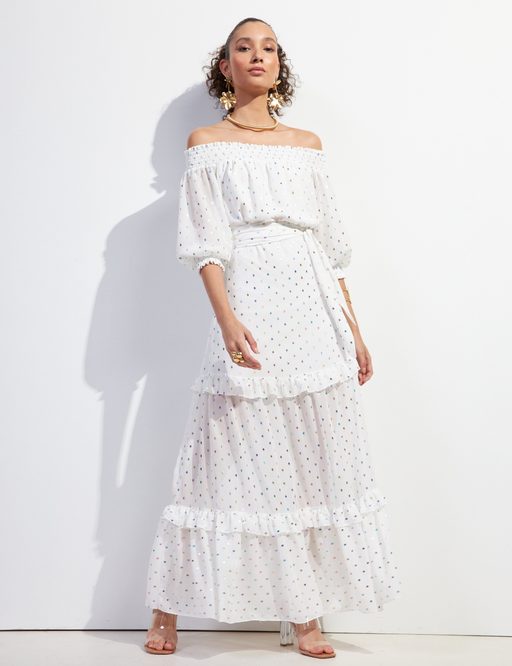 Vestido Longo Off White com Babadinhos