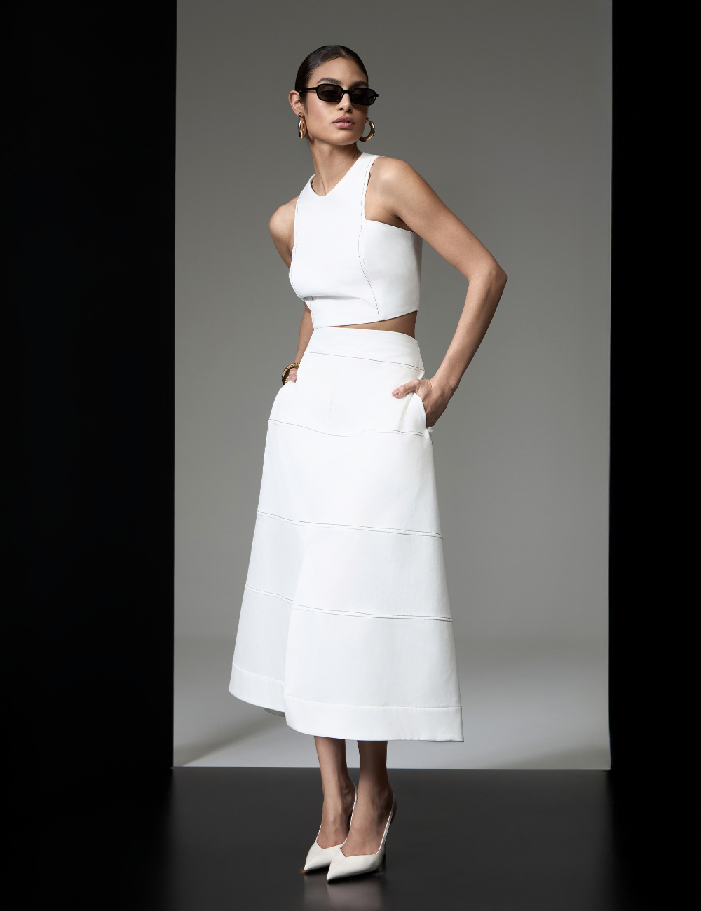 Saia Midi Pespontada Off White