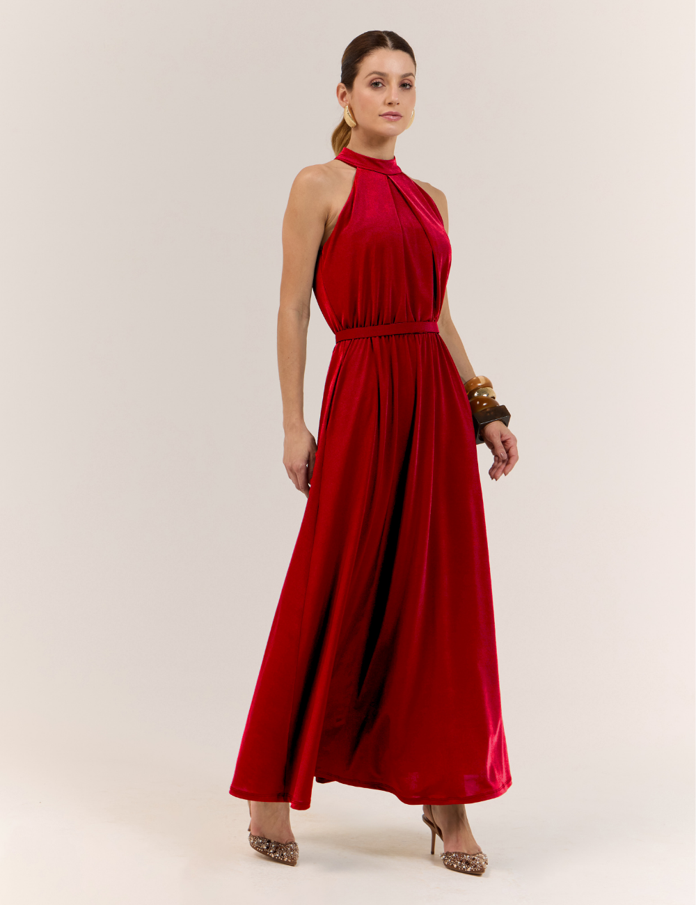 Vestido Longo Vermelho com Faixa em Jersey