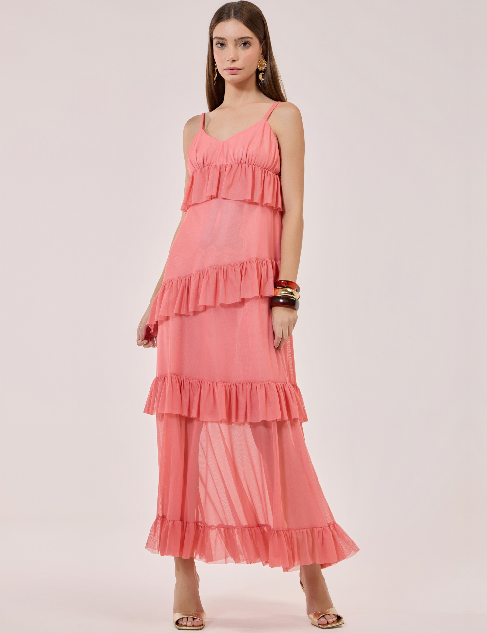 Vestido Longo Coral em Tule com Babados