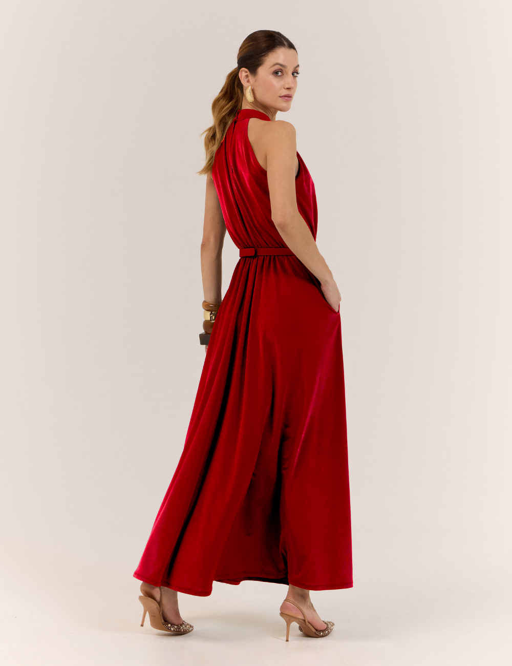 Vestido Longo Vermelho com Faixa em Jersey