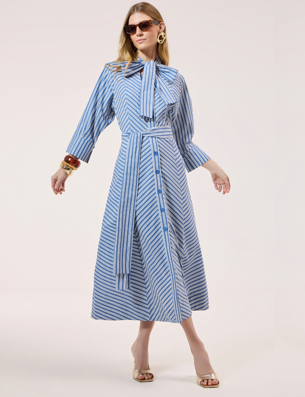 Chemise Midi Listrada Azul com Amarração