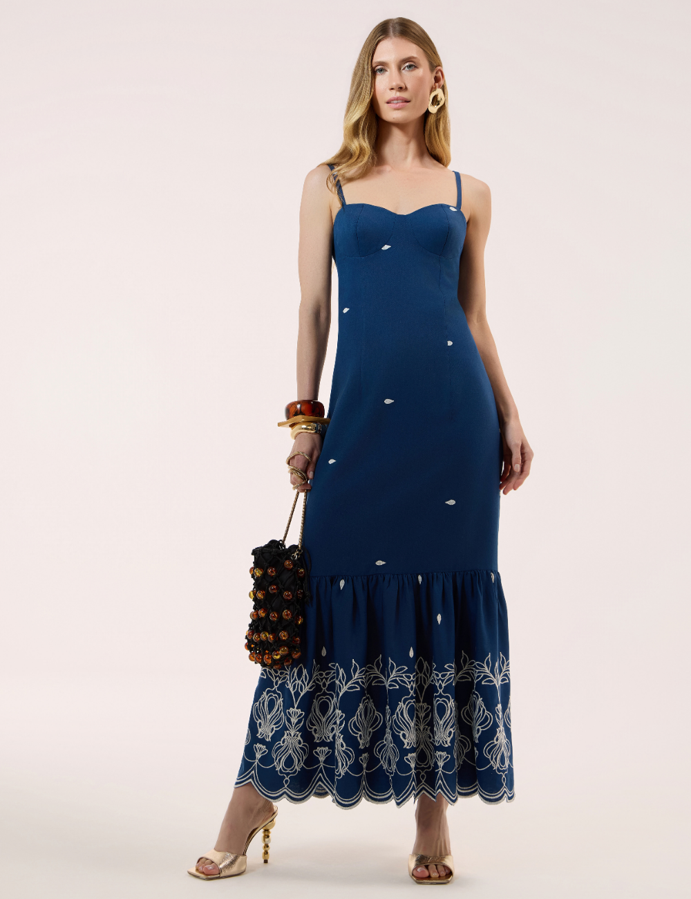 Vestido Longo Marinho com Barrado