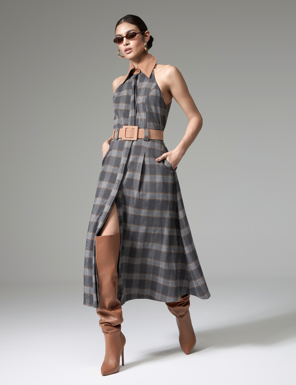 Vestido Longo Xadrez com Recortes