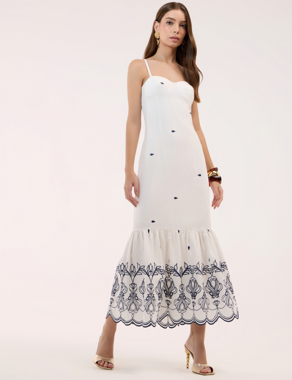 Vestido Longo Off White com Barrado