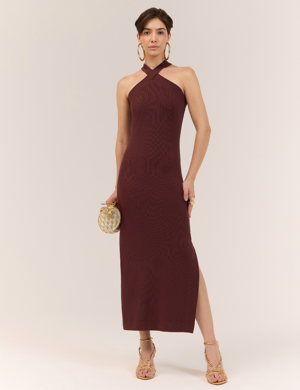Vestido Midi Marrom Canelado com Fenda