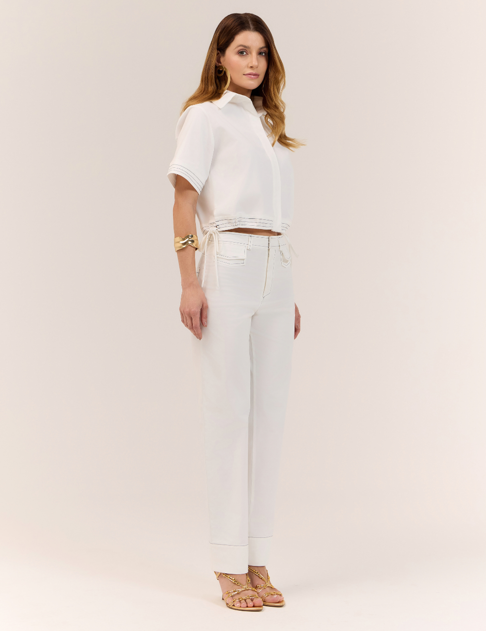 Calça Reta Off White Pespontada
