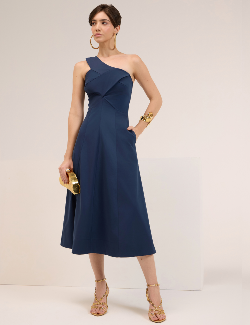 Vestido Midi Azul Ombro Único
