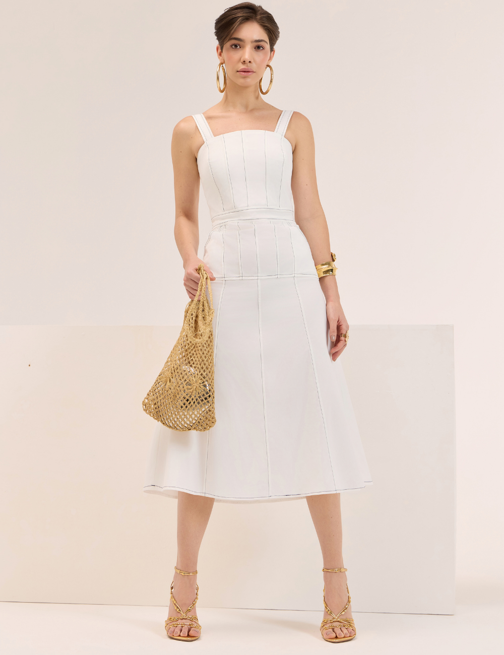 Vestido Midi Off White Pespontado
