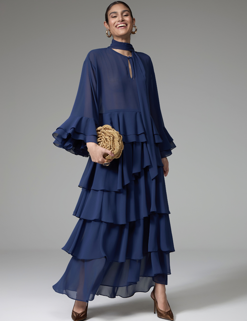 Saia Longa Marinho com Babados em Camadas