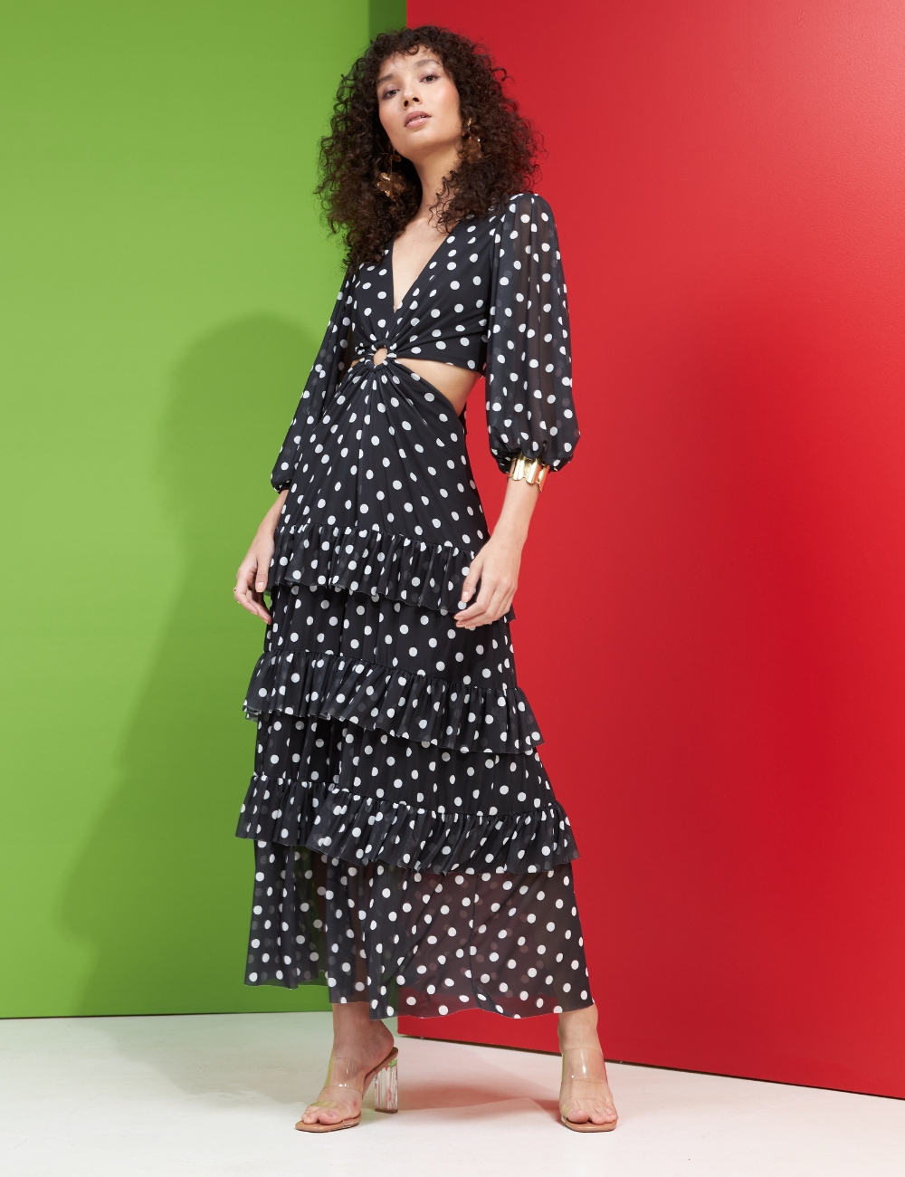 Vestido Longo Preto de Poás com Babados