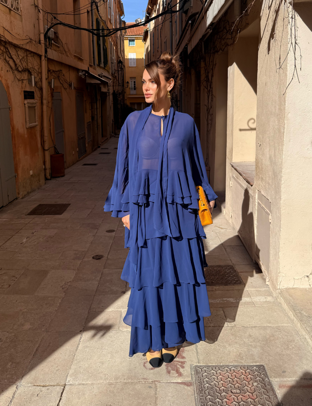 Saia Longa Marinho com Babados em Camadas