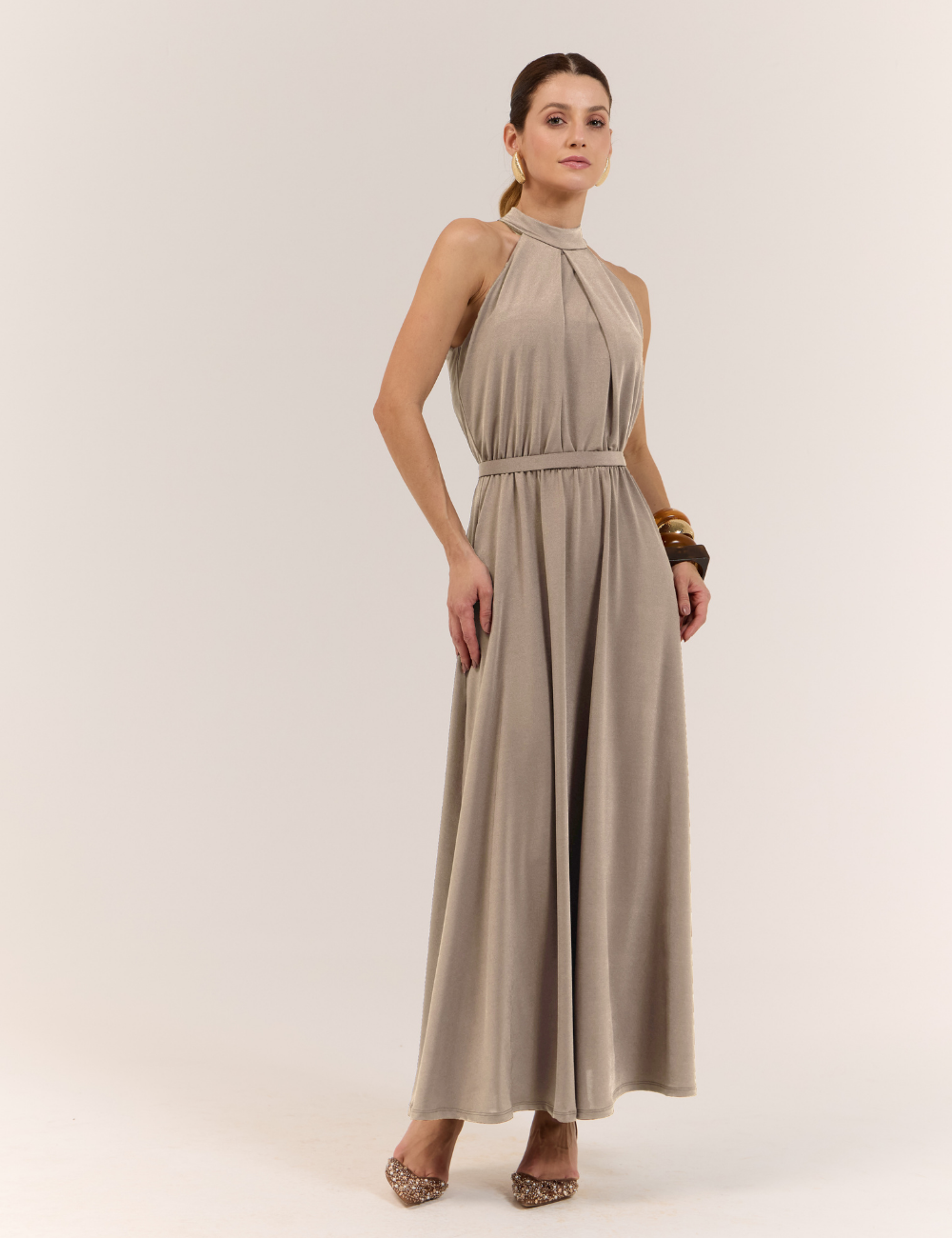 Vestido Longo Prata com Faixa em Jersey