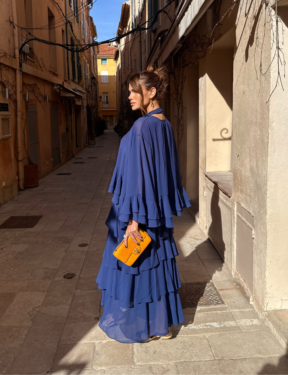 Saia Longa Marinho com Babados em Camadas