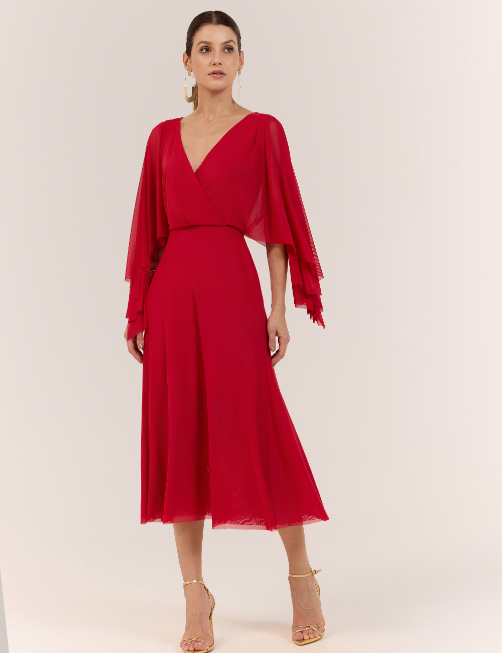 Vestido Midi Vermelho Transpassado em Tule