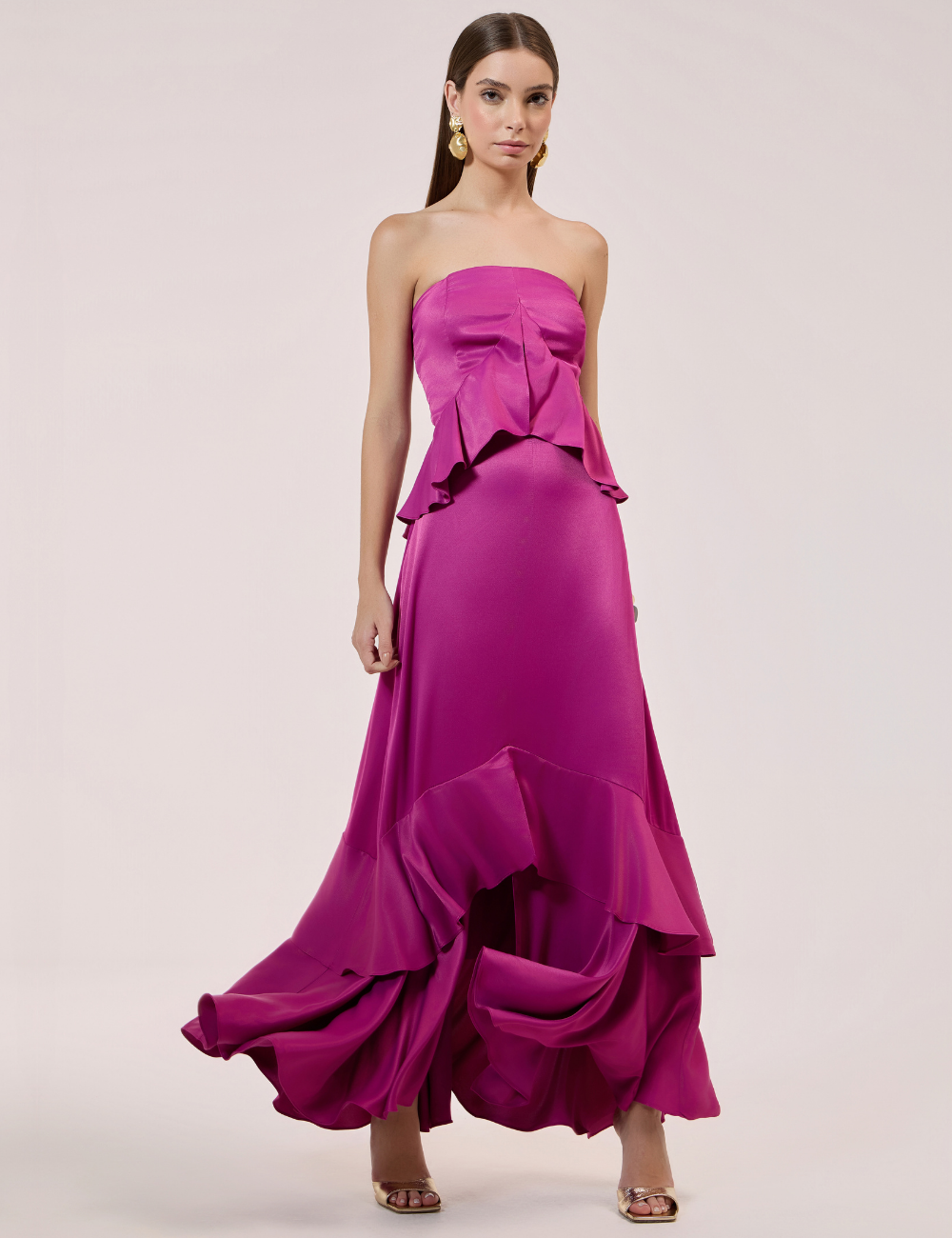 Vestido Longo Acetinado Magenta com Babados