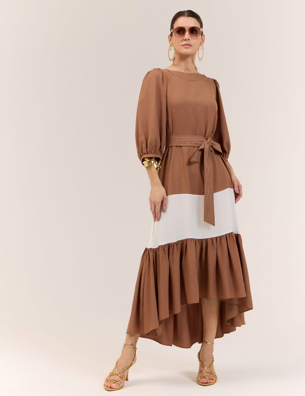 Vestido Bicolor Marrom com Faixa