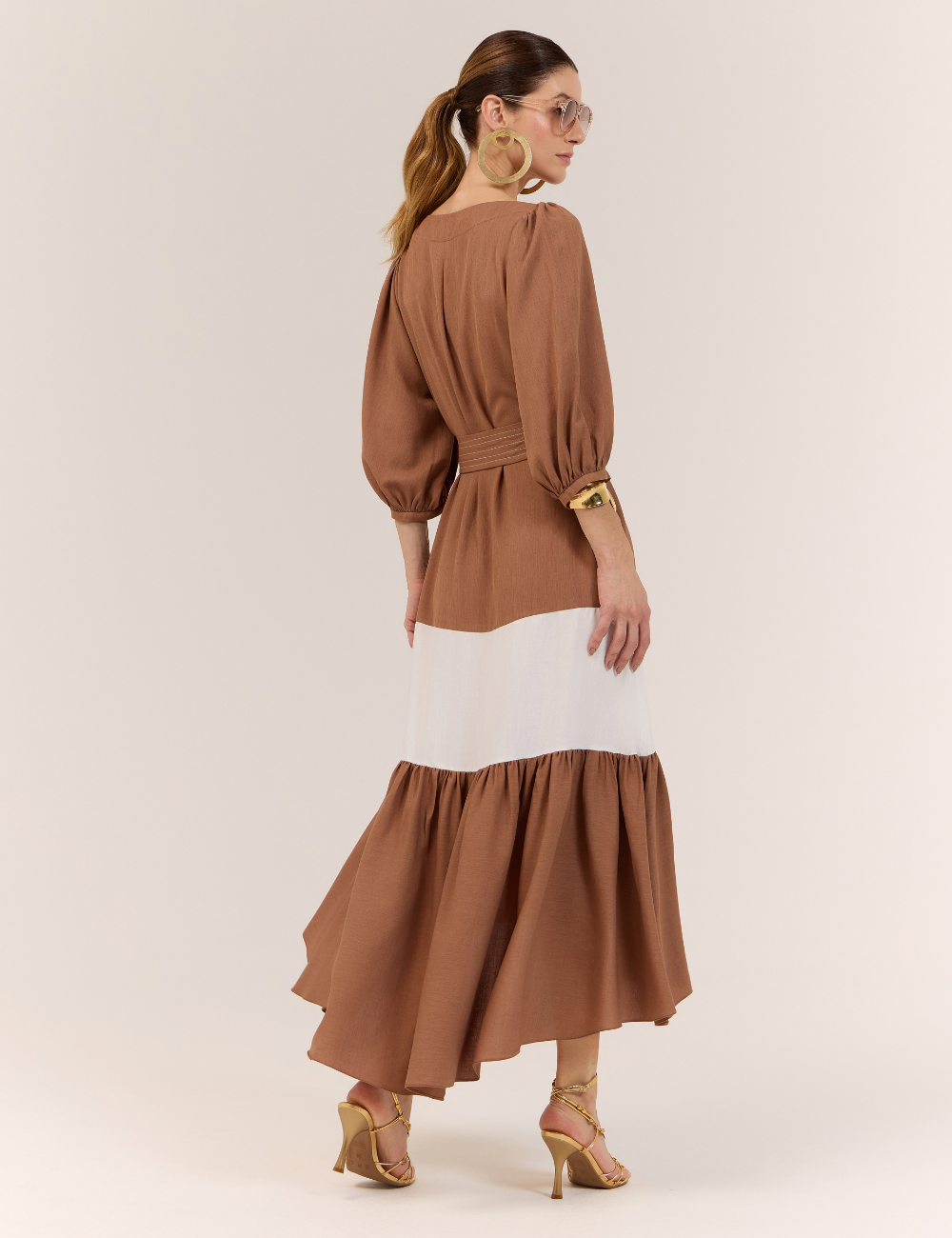 Vestido Bicolor Marrom com Faixa