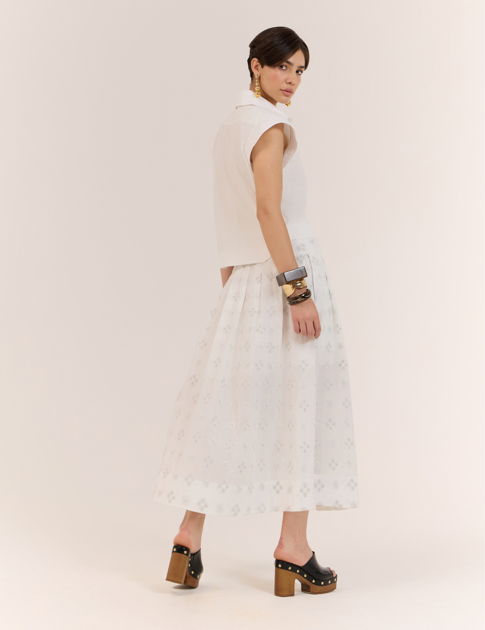 Saia Midi Off White Bordada