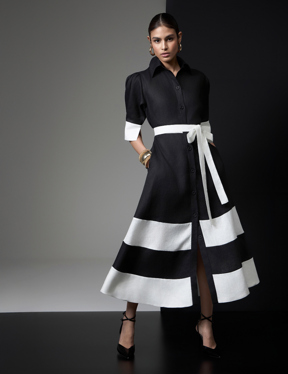 Chemise Preta em Linho com Faixa