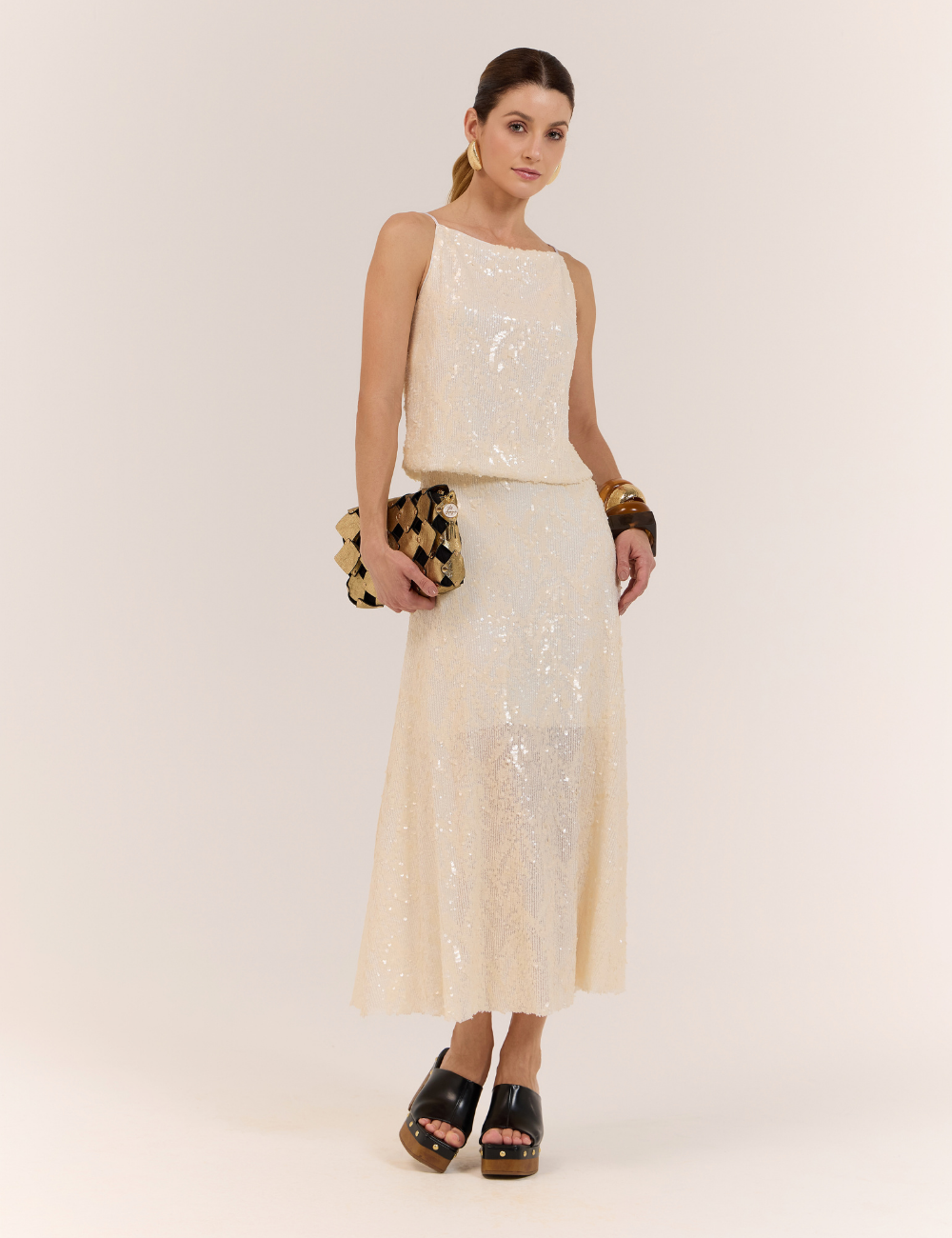 Saia Midi Off White em Paetês