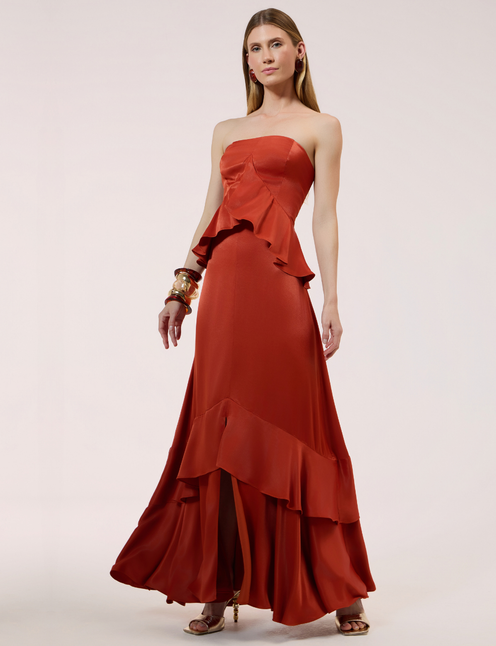 Vestido Longo Acetinado Terracota com Babados