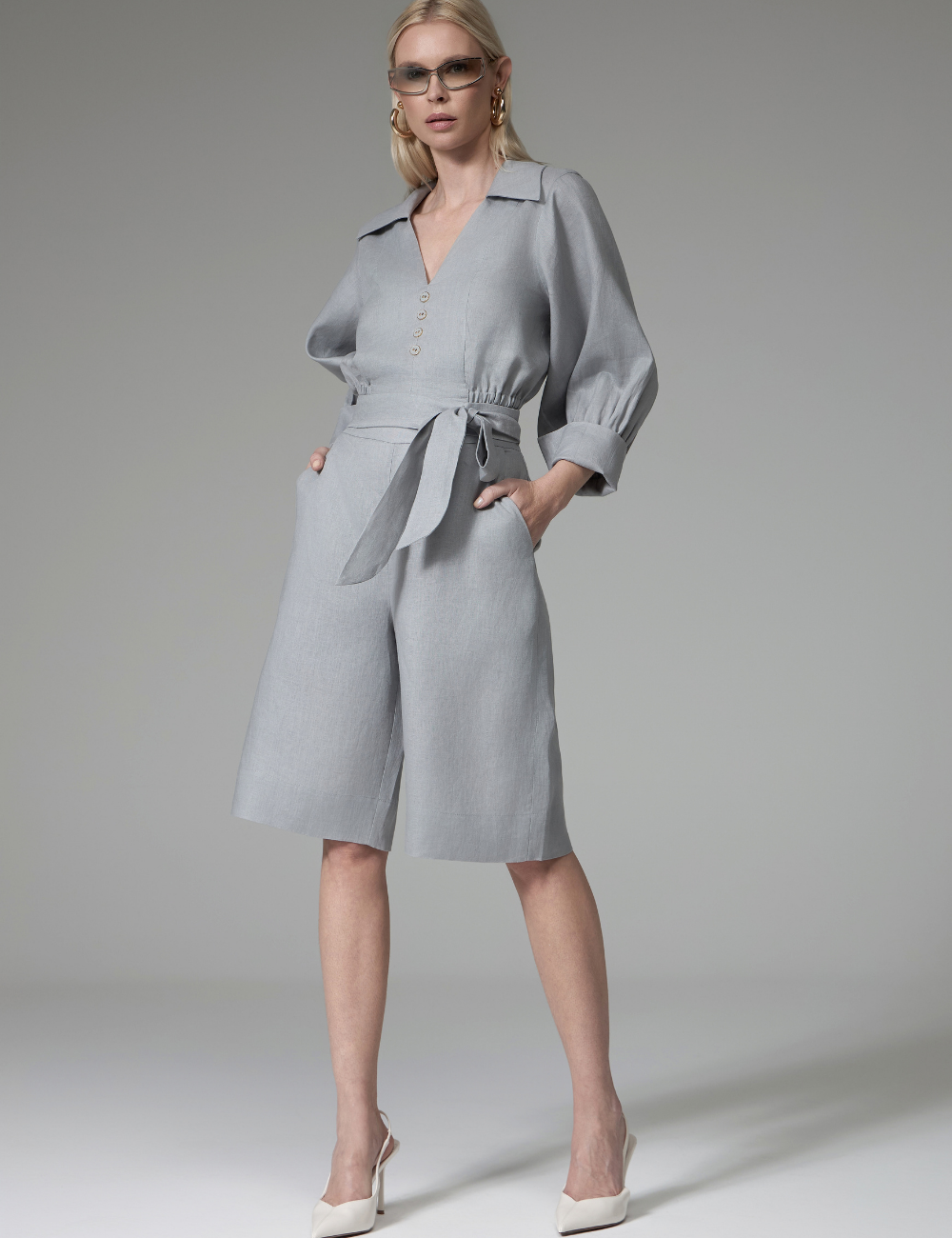 Conjunto Cinza em Linho com Bermuda