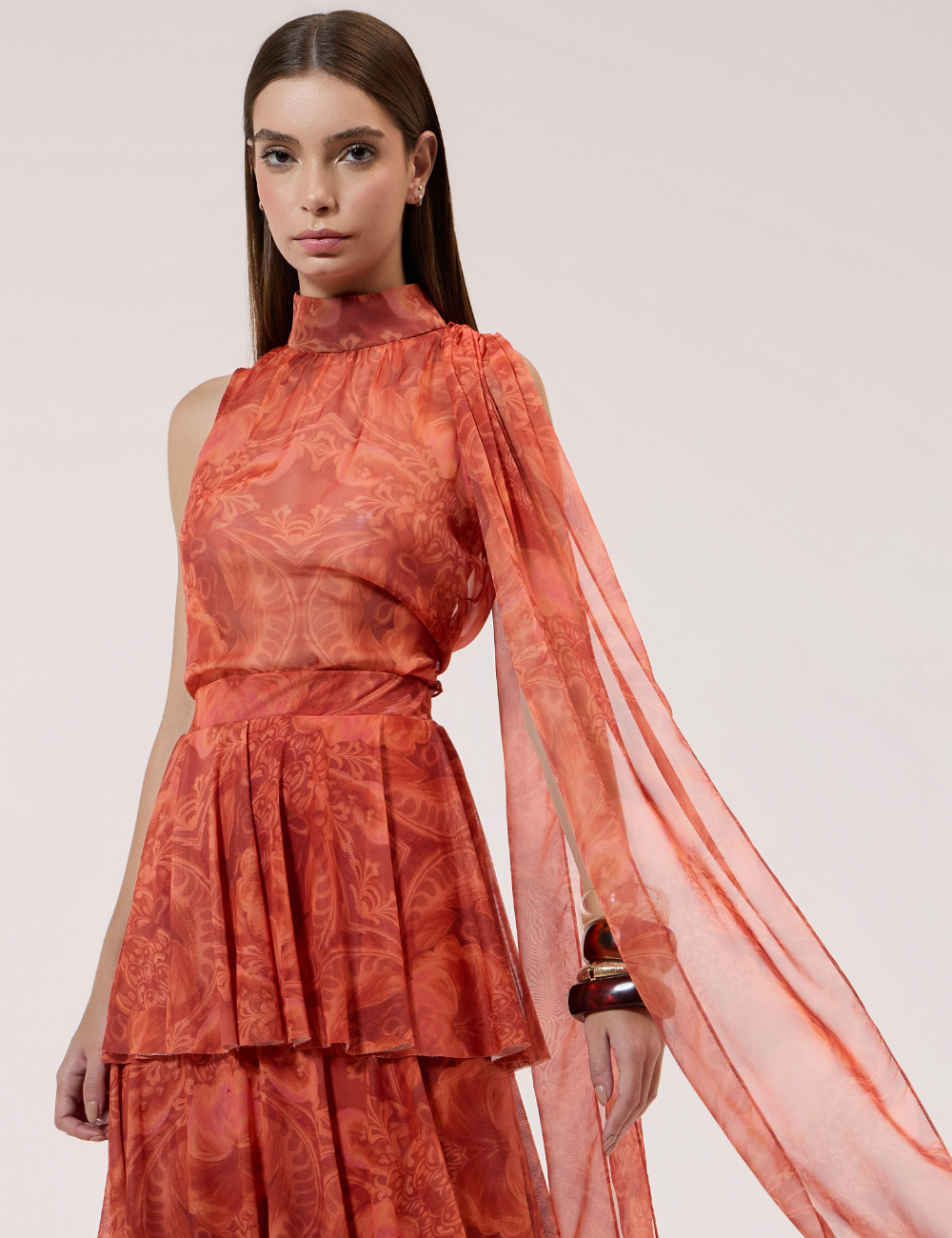 Blusa em Tule Laranja Estampado com Faixa
