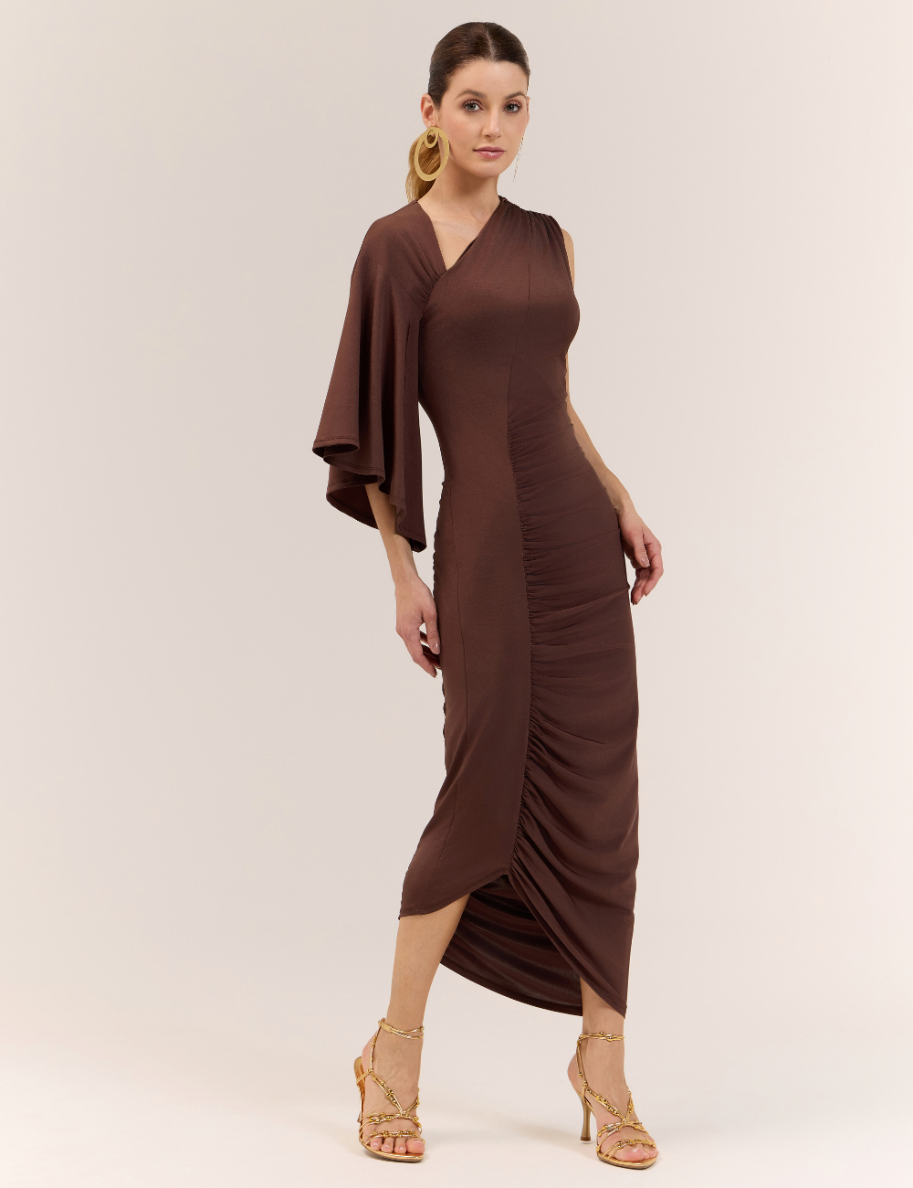 Vestido Marrom Midi Ombro Único