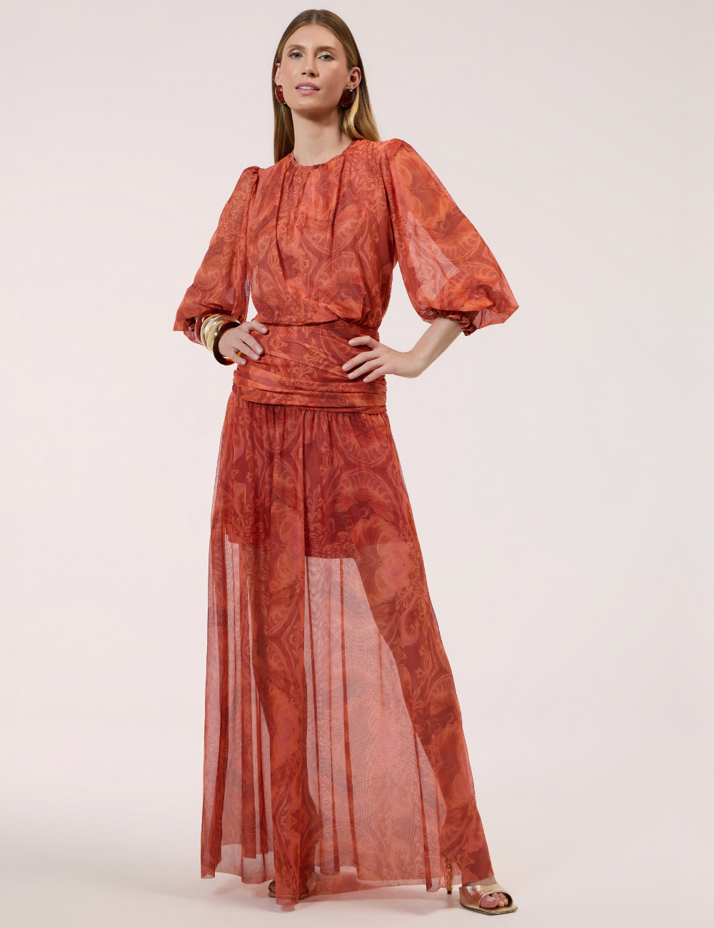 Vestido Longo em Tule Laranja Estampado
