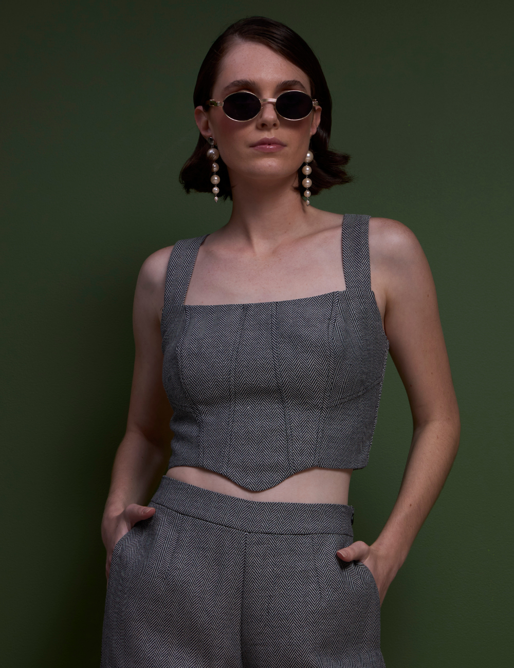 Conjunto Cinza em Jacquard Espinha de Peixe