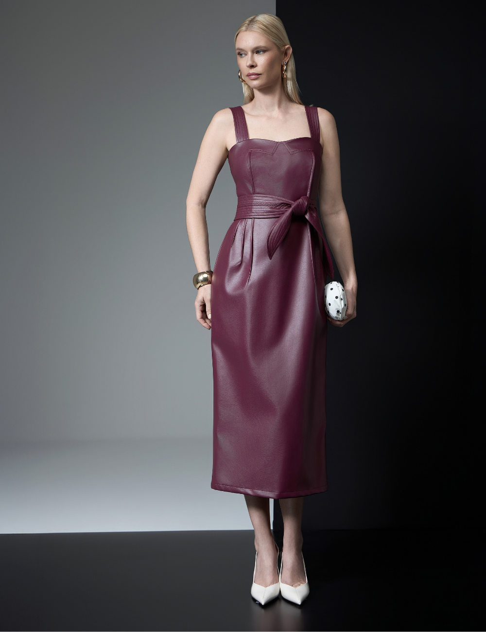 Vestido Midi Vinho em Material Sintético