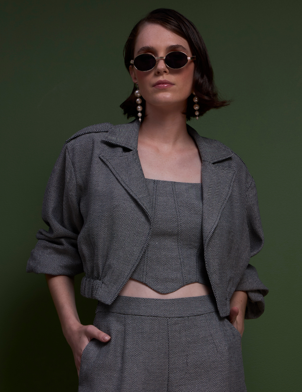 Bomber Cinza em Jacquard Espinha de Peixe