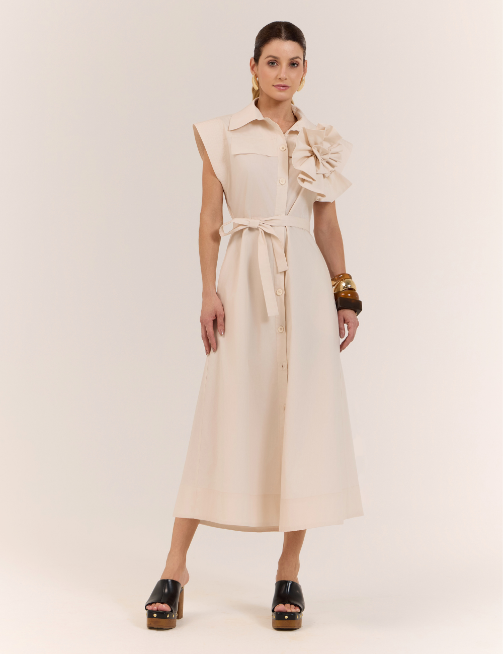 Chemise Midi Bege com Maxi Flor
