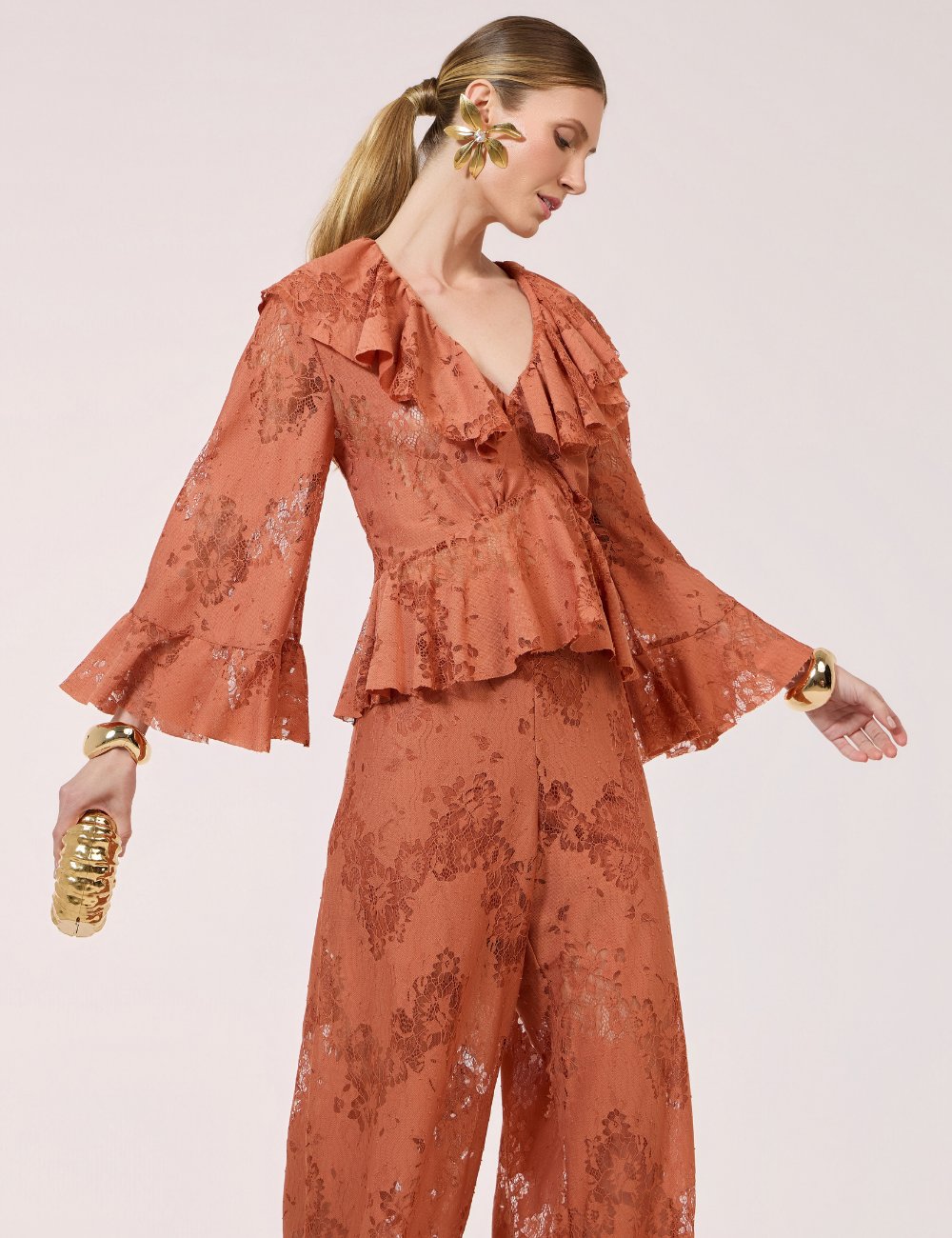Blusa Terracota em Renda com Babados